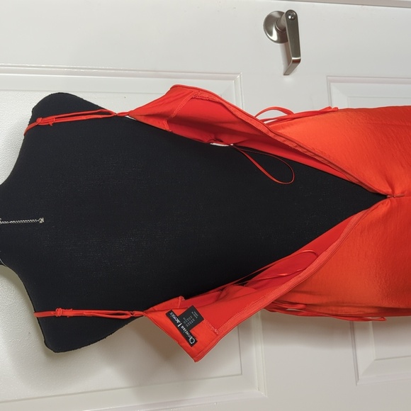 Christian Lacroix Square Neck Keyhole Satin Midi Dress Side Ties Orange Red XS - Picture 10 of 13